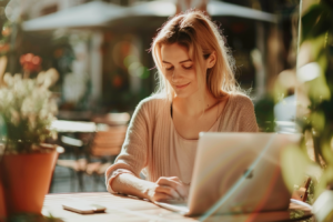 a smiling woman with blonde hair working on a laptop at an outdoor table