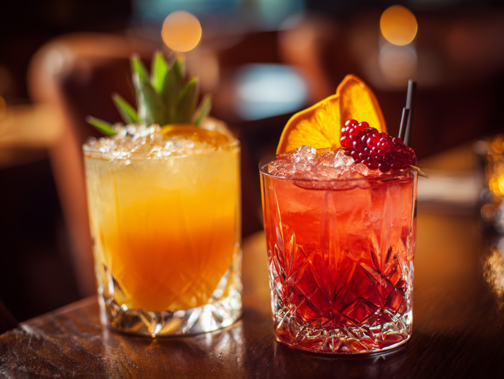 two colorful craft cocktails served in crystal rocks glasses