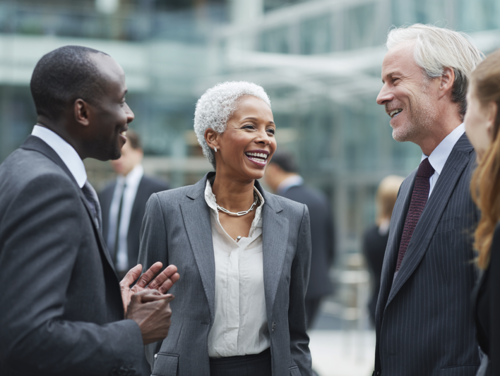 a group of business professionals engaged in a friendly conversation