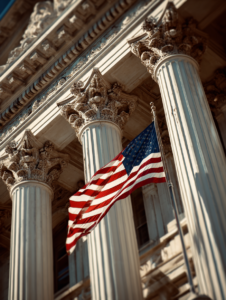 an American flag waving in front of a government building with large stone pillars